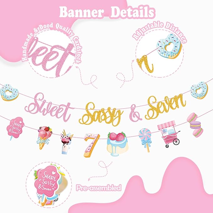 Sweet Sassy And Seven Birthday Decorations- 7th Birthday Decorations For Girls With Donut Banner Sweet Cake Topper 7th Foil Balloon For 7th Donut Themed Party Decor Sweet Seven Party Supplies