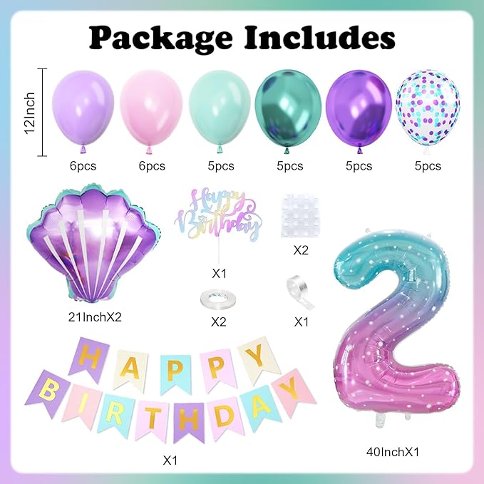 2nd Mermaid Birthday Decorations for Girls,2nd Party Decorations Metallic Purple Green Pink Blue Latex Balloons Number 2 Seashell Foil Balloons Banner Cake Topper Sea Party Decor