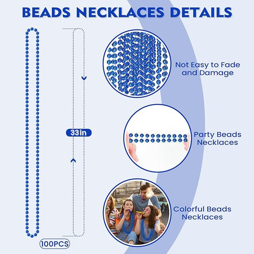 100 PCS Blue Bead Necklace, Blue Mardi Gras Beads Christmas Necklaces, 33" 4th of July Patriotic Beaded Necklace, Parade Throw Accessories for Independence Day Mardi Gras Hanukkah Pirate Theme Party