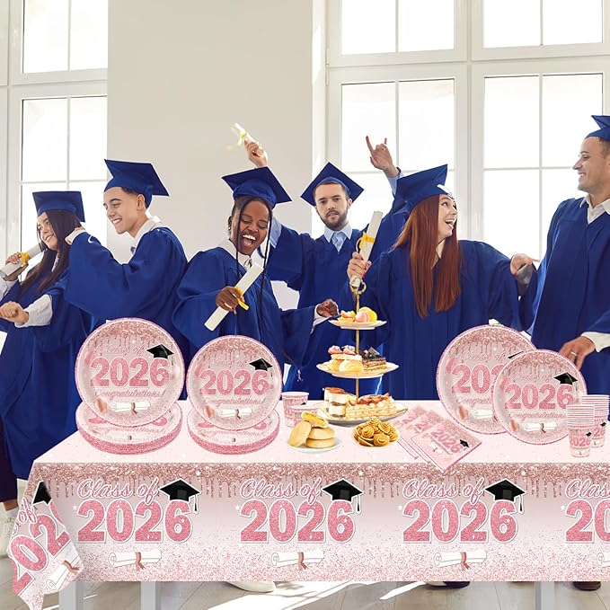Pink Graduation Decorations Class of 2026, Pink Rose Gold Graduation Party Disposable Paper Plates Napkins Cups Tablecloth for 2026 Graduate Party Decorations Supplies Set, Serve 30