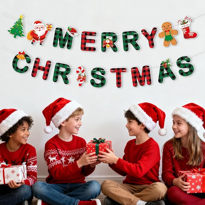 Merry Christmas Banner,Pre-Strung Red Green Buffalo Plaid Christmas Banner, Gingerbread Xmas Tree Garland Sign for Christmas Party Decorations,Indoor,Home, Office,Fireplace,Wall,Windows,Holiday Decor