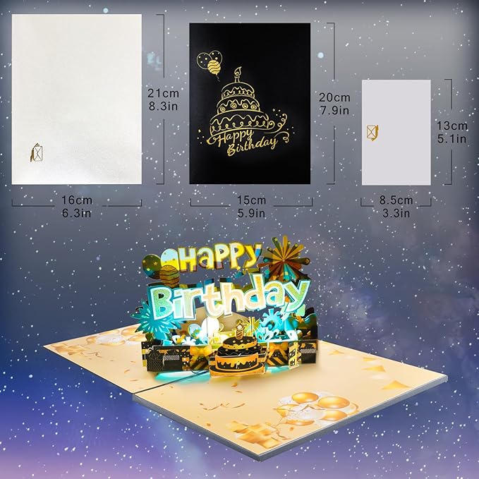 Chocolate-Colored Gilded Cake Music Playing Pop Up Happy Birthday Greeting Card with LED Light, Love Gift for Adult and Kid with Blank Note & Envelope, Celebration for Daughter, Son, Mom, Dad