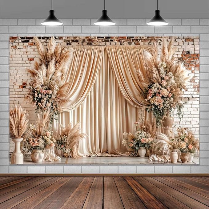 7X7ft Boho Floral Wedding Backdrop Wall Background Photography Beige Vintage Flowers Backdrops for Parties Wedding, Girls Birthday Princess Weeding Bridal Shower Floral Anniversary Ceremony Decor