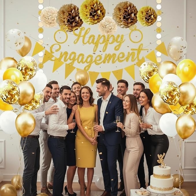 Engagement Party Decorations Set - Complete Kit with Gold “Engaged” Banner, Garland, 20 Balloons & 6 Pom Poms for Proposal & Engagement Celebration DecorComplete (Gold)