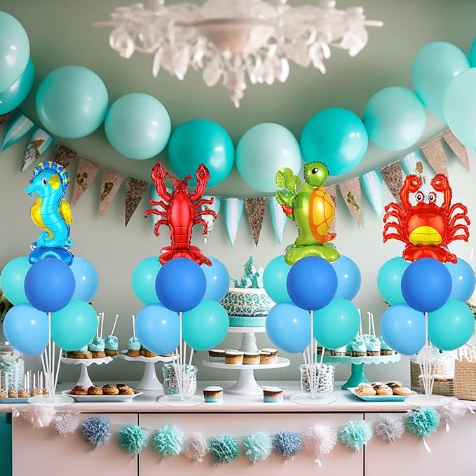 4 Sets Ocean Animal Theme Party Balloons Stand Kit with Sea Turtle Seahorse Lobster Crab Foil Balloons Party Balloon Centerpiece for Tables for Under the Sea Birthday Pool Beach Decoration