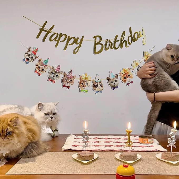 Happy Birthday Cat Banner Garland Funny Decor Cat Face Bday Party Bunting Decorations Gold Sign