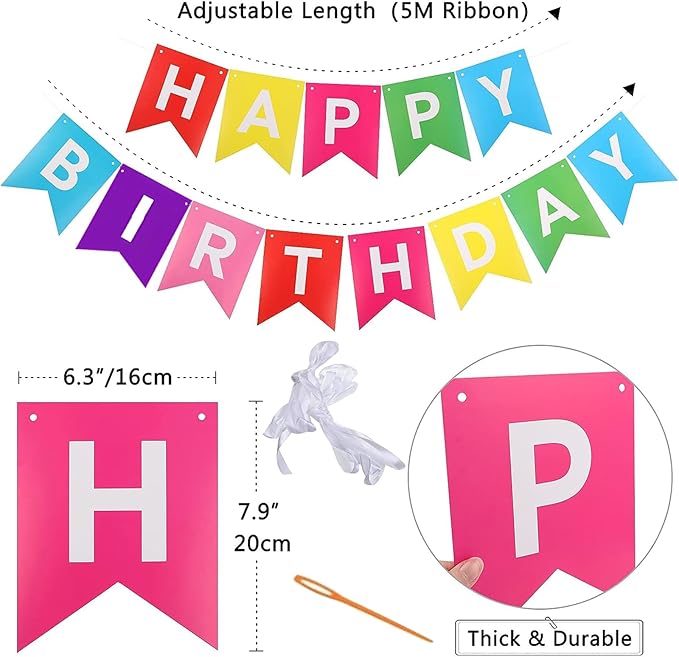 Rainbow Happy Birthday Banner Colorful Birthday Flag Bunting for Party Backdrop Decor, Happy Birthday Sign Party Supplies for Women Kids Baby Shower Hanging Decor