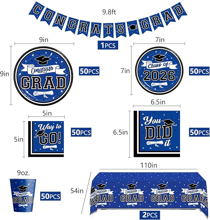 DAZONGE Graduation Decorations 2026 Blue, 265pcs Graduation Party Decorations 2026, Disposable Tableware Set for 50 Guests, Plates, Cups, Tablecloth with Congrats Grad Hanging Decor
