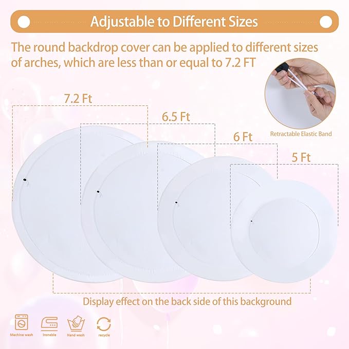 Gallety 7.2FT White Round Backdrop Cover with Size Adjuster & 4 Metal Clips, Universal Fit for 5ft-7.2ft Circle Stand, Polyester Fabric Arch Cover for Wedding, Birthday Party, Videos Photography Decor