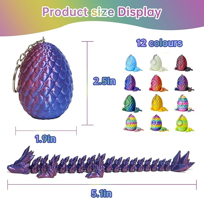 12 Pcs 3D Printed Dragon with Egg for Easter Basket Stuffers, Dinosaur Easter Eggs Fillers Fidget Toys,Easter,Birthdays, Christmas Easter Decorations Gifts for Girls Boys(with Keychain)