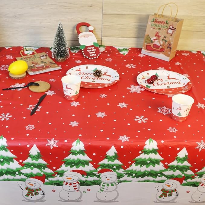 2 Pack Christmas Plastic Tablecloths Disposable Xmas Table Covers Snowman Table Cloths for BBQ Picnic Birthday Christmas Party Covers Waterproof Oil-proof Table Cloth Red Snow Table Cloths 54 x 108 In