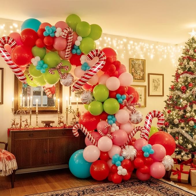 Christmas Balloon Garland Arch Kit, 121Pcs Pastel Green Pink Teal Blue Red Sand Tie Dye Balloons with Large Cane Candy Windmill Star Foil Balloon for Xmas Merry Christmas Party New Year Decorations