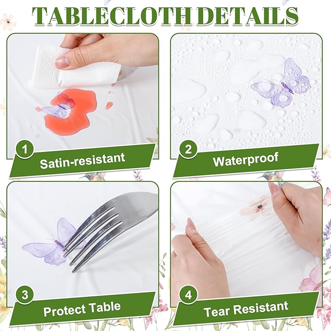 3 Pack Wildflower Plastic Tablecloths, 54 X 108Inch Spring Tablecloth Disposable Tea Party Table Cloth, Butterfly Wildflower Porcelain Tables Decor for Mother's Day Birthday Garden Wedding Party