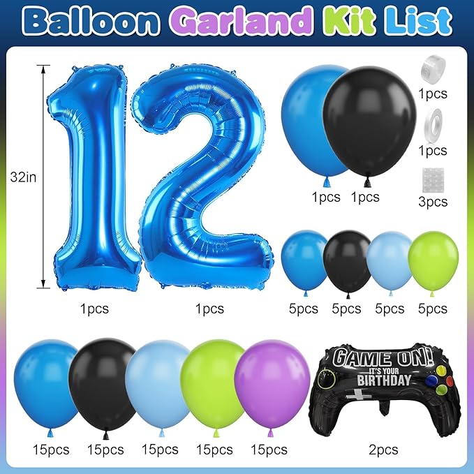 12th Birthday Video Game Balloons Arch, 12th Game Party Balloons Garland Kit 12th Birthday Supplies with Blue Number 12 Foil Balloons for 12 Year Old Teens Boys Birthday Decor
