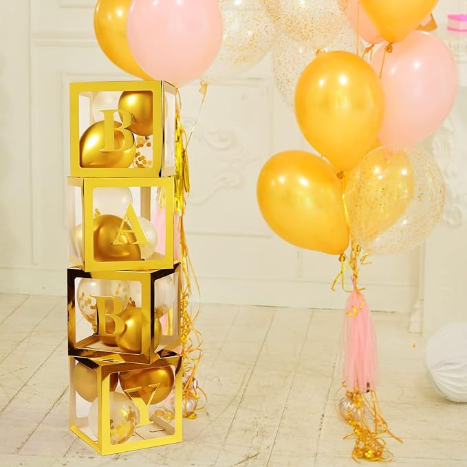 Baby Boxes with Letters for Baby Shower, 4 Transparent Balloon Boxes with Letters for Gender Reveal Birthday Wedding Baby Shower Decorations (Gold)