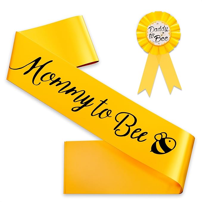 Yellow Mommy to Bee Baby Shower Decorations - Beautiful Gold Mom to Be Sash Baby Shower with Dad to Be Pin for Gender Reveal - Cute, Easy to Wear Mom Sash with Elegant Bee Design for Boys & Girls