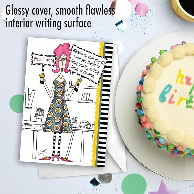 NobleWorks - 1 Funny Birthday Card for Women, Wife - Happy Bday Cartoon, Woman Notecard with Envelope - Procraftinating C3664BDG