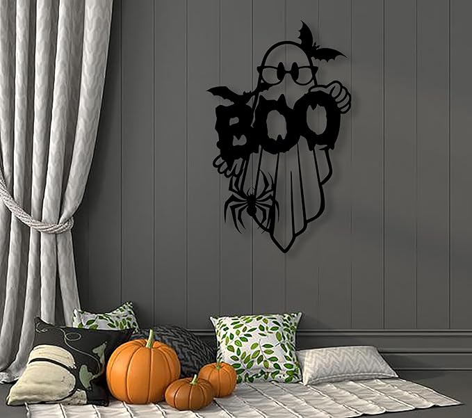 RESACO Cute Ghost Wall Art Halloween Metal Wall Decor Halloween Decorations for Front Door Wall Decorations for Bathroom Living Room Indoor Outdoor (10.6IN X 16.9IN Black)
