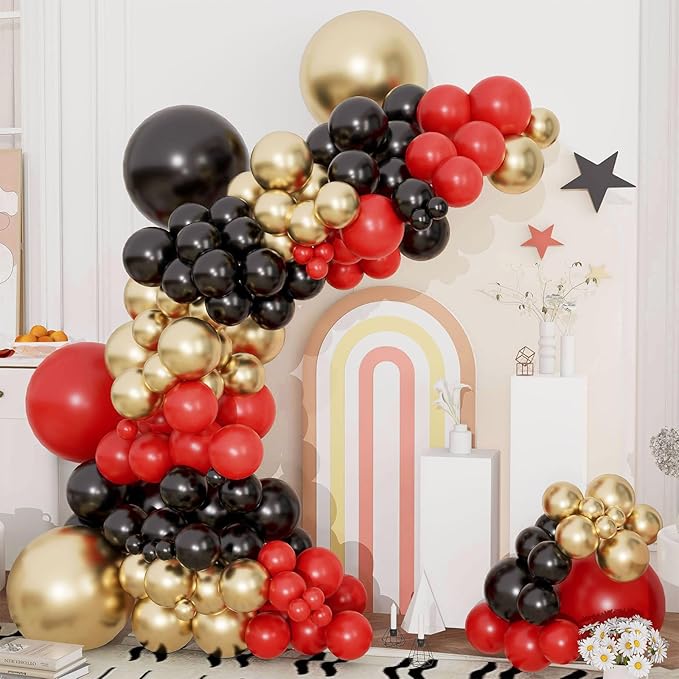 Red Black Gold Balloons Arch Kit 144pcs 18/12/10/5inch Red Black Metallic Gold Latex Balloon Garland for Casino Theme Party Wedding Backdrop New Year Birthday Graduation Hollywood Party Decorations