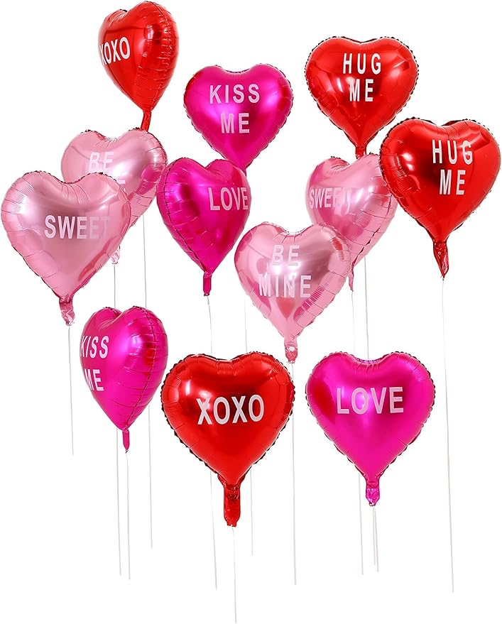 12 pcs Heart Balloons,18" Foil Love Balloons Mylar Balloons, XOXO LOVE SWEET BE MINE heart balloons Valentines Day Decorations Balloons for Propose,Wedding Décor Backdrop & Party Supplies (TEXT HEART)