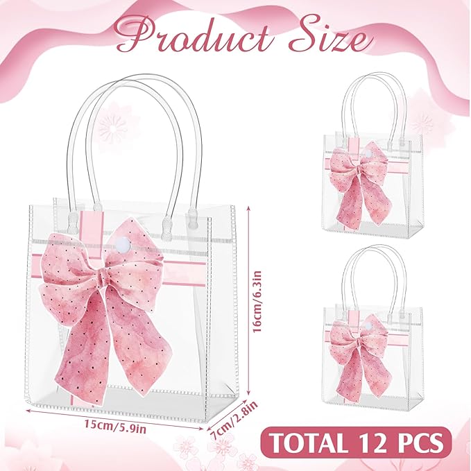 12 Pcs Pink Bow Clear PVC Gift Bag with Handle, 5. 91 x 6. 3 x 2. 76 Inches Pink Coquette Bowknot Tote Bag for Bachelorette Bridal Baby Shower Wedding Birthday Party Favor