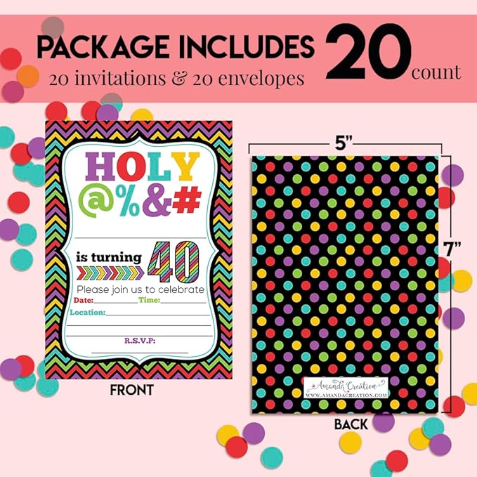 Funny “Holy @%” 40th Birthday Party Theme 20 Invitations 5x7 Fill-In Cards with Envelopes, Adult Humor Design for Milestone Birthday Celebration, Made in USA by Amanda Creation