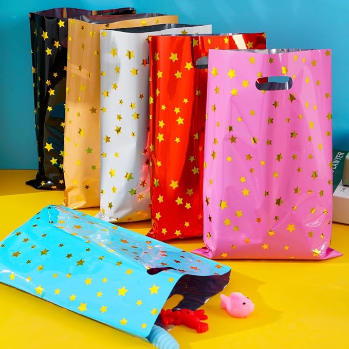 HABILE Happy Birthday Party Favor Bags 36 PCS Plastic Gift Bags with Glitter Stars for Children, Babies, Girls and Boys Birthdays