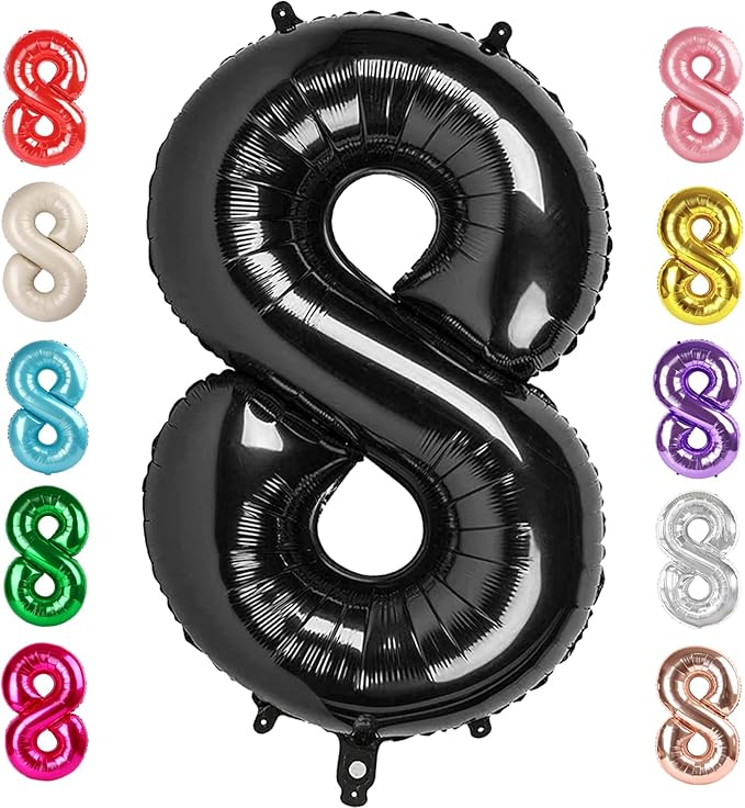 40 Inch Number 8 Balloon, Black 8 18 28 80 Birthday Balloons for Men Boys, 8th Birthday Decorations Party Supplies, Wedding, Graduations