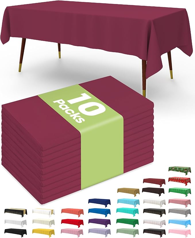Pureegg Plastic Table Cloth Disposable 8 Pack, 54 x 108 Inch Table Cloths, Party, Thanksgiving Decorations, Harvest, Fall Tablecloths, Rectangle, Maroon Plastic Cover, Leakproof & Sturdy, Burgundy