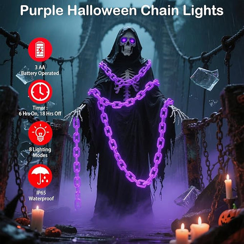 10Ft Purple Halloween Chain Lights Battery Operated with Timer, 8 Modes Halloween Decorations Indoor Outdoor, Waterproof Lighted Plastic Chains for Haunted House Party Cosplay Props Skeleton Dog