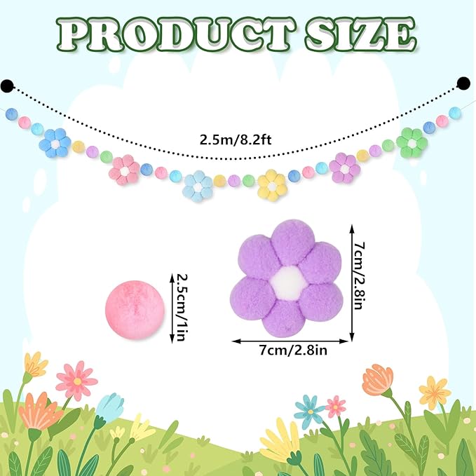Whaline Boho Flower Felt Banner 3D Daisy Floral Pom Pom Balls Banner Pastel Flower Bunting Garland for Spring Party Supplies Silly Goose Home Hanging Decoration, No DIY Required