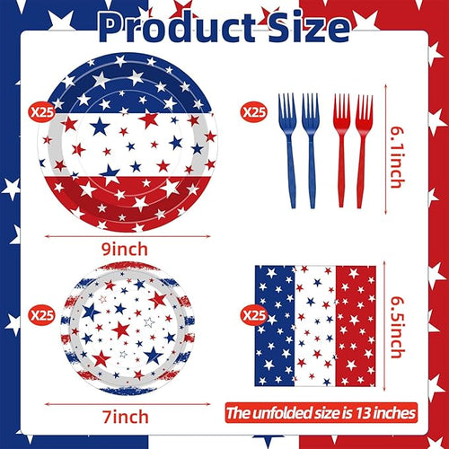 100 Pcs Patriotic Party Supplies Set, Serves 25 – Disposable Red White Blue Star Paper Plates, Napkins, and Forks, American Flag Themed Tableware for 4th of July, Memorial Day, Labor Day Decorations