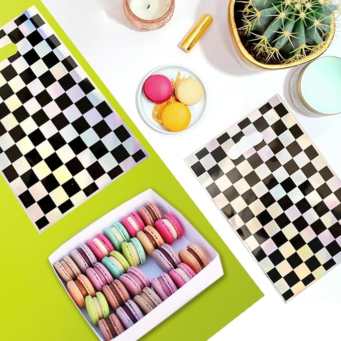 OasiZephauride 30PCS Race Car Party Favors Bags,Iridescent Black and White Party Goodie bags,Checkered Gift Bags with Handles for Kids Birthday Candy Treat Bags, Car Themed Party Supplies