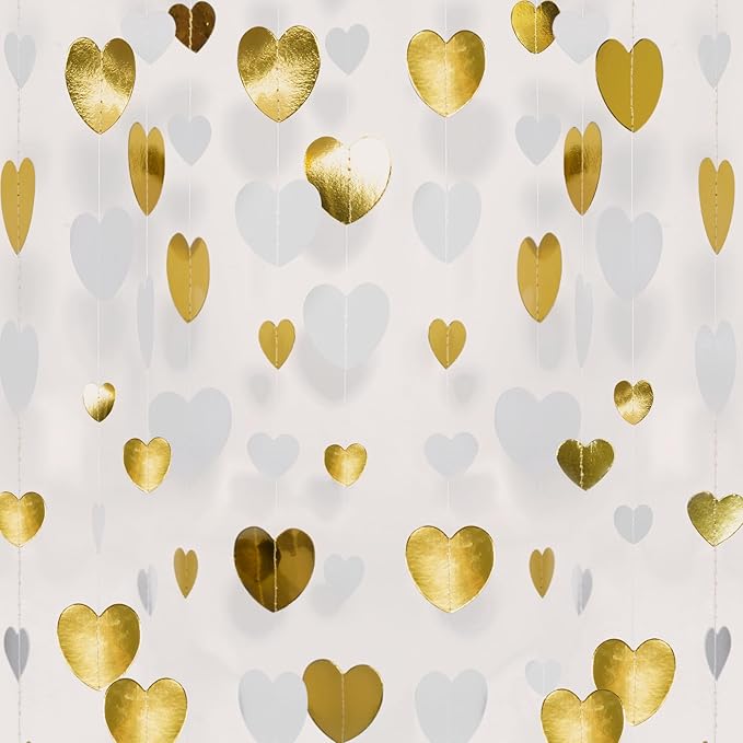GCQQ White Gold Heart Garlands - 52Ft Glitter Valentines Day Decorations 4 Packs Paper Heart Hanging Streamers Garland for Valentine's Day Party Decoration Wedding Birthday Bridal Shower Decor