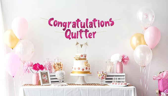 Pre-Strung Congratulations Quitter Pink Glitter Banner - Retirement Decorations for Men and Women - Retirement Party Supplies and Gifts