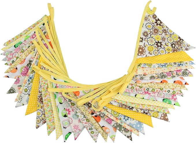 10M/32Ft Triangle Bunting Banner, 36 Pcs Cotton Fabric Flags Pennant Garlands for Birthday Party, Wedding, Baby Shower, Outdoor and Home Decorations (Yellow)