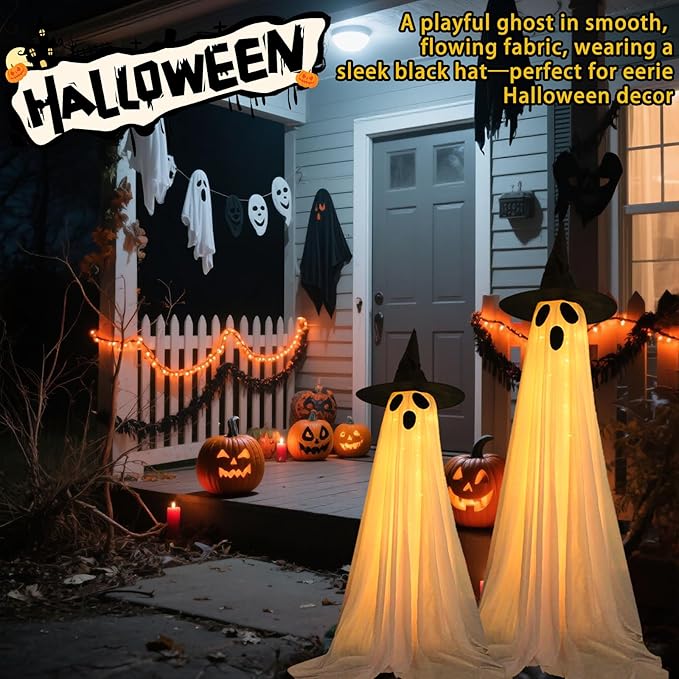 2 Pack Halloween Decorations Outdoor, Solar Light Up Spooky Ghost Decorations, Waterproof Solar Halloween Lights Outdoor Ghost Decor for Yard, Porch, Pathway, Haunted House Party Decor