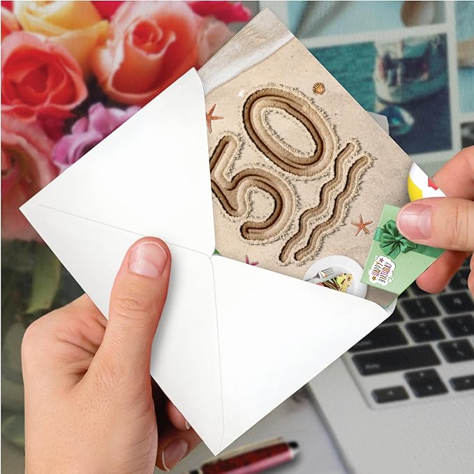 NobleWorks - 50th Funny Card for Birthday - Milestone Bday of 50 Years, Celebrate and Congrats Notecard with Envelope - Beach Party 50 C9459CMBG