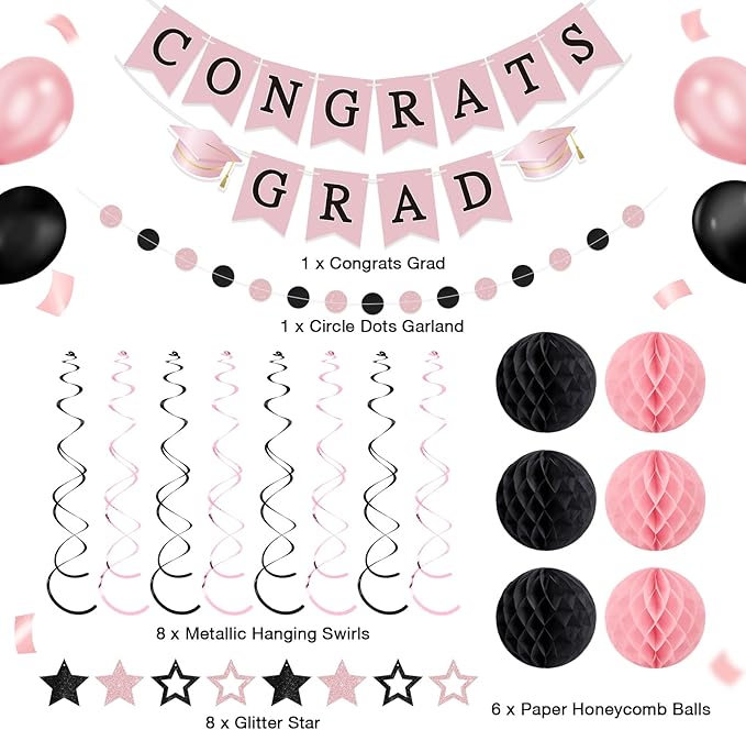 Congrats Grad Banner 2026 Graduation Decoration with Hanging Swirl Honeycomb Ball Circle Garland Grad Party Supplies for College Senior High School Classroom Decor (Pink and Black)