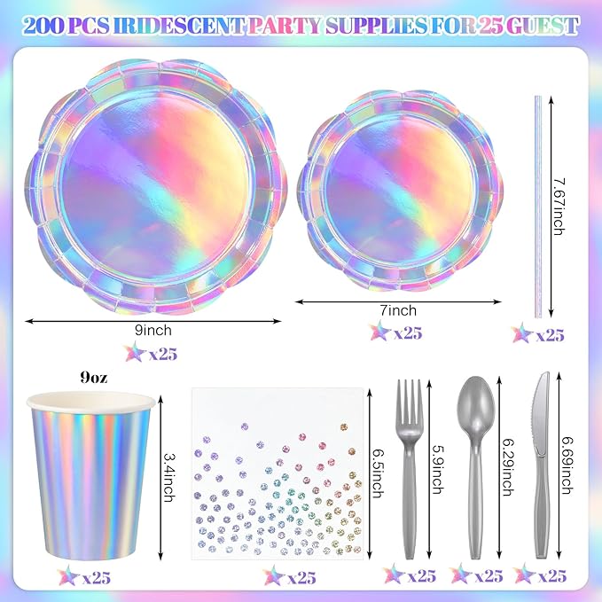 200 Pcs Iridescent Party Supplies Decorations, 25 Guest Scalloped Iridescent Graudation Plates and Napkins Bachelorette Decorations Holographic Tableware for Birthda Bridal Wedding Disco