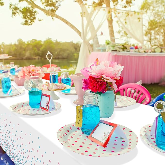 6Pack White and Pink Blue Plastic Tablecloth, White Disposable Table Cloth for Rectangle Tables, Pink Blue Stamping Dot White Tablecloth for Gender Reveal Baby Shower Birthday Party Supplies, 54"x108"