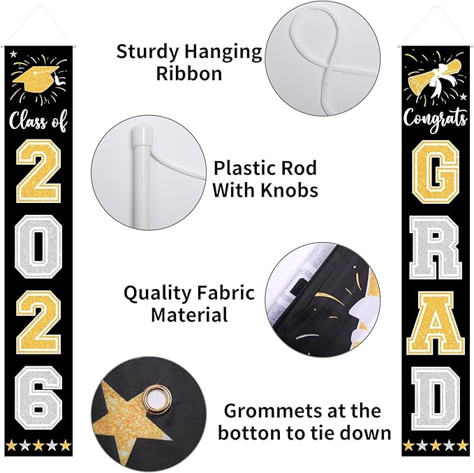 Graduation Decorations Class of 2026 Hanging Grad Banner, Graduation Decorations Class of 2026 for Any Schools or Grades (black)