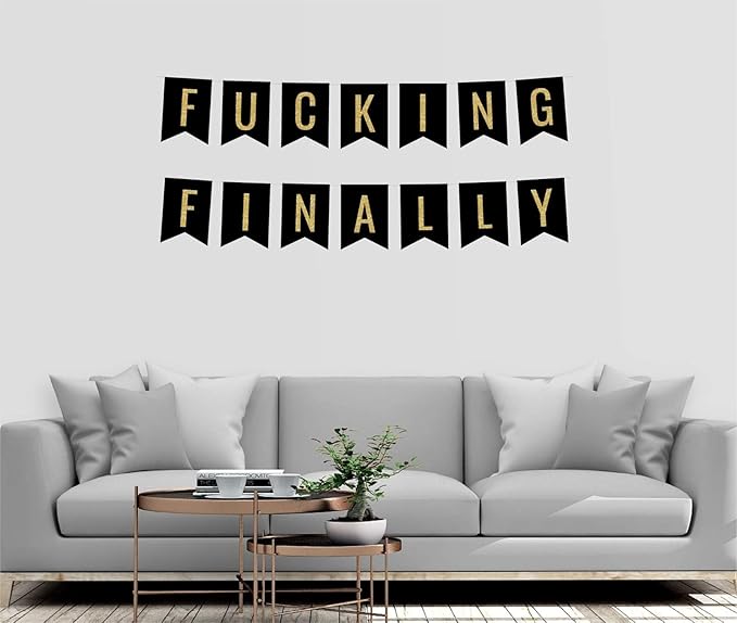 Andaz Press Faux Gold Glitter on Black Bridal Shower Bachelorette Party Banner Decorations, Fucking Finally, Approx 5-Feet, 1-Set, Colored Hanging Pennant Decor