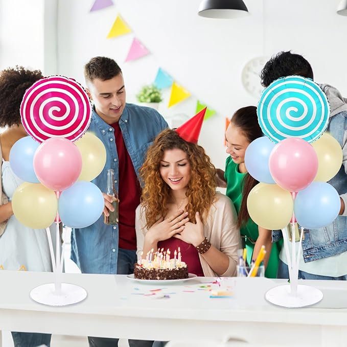 4 Sets Pastel Sweet Candy Theme Party Balloons Stand Kit with Lollipop Candies Foil Balloons Party Balloon Centerpiece for Tables for Candyland Birthday Party Candies Themed Decoration