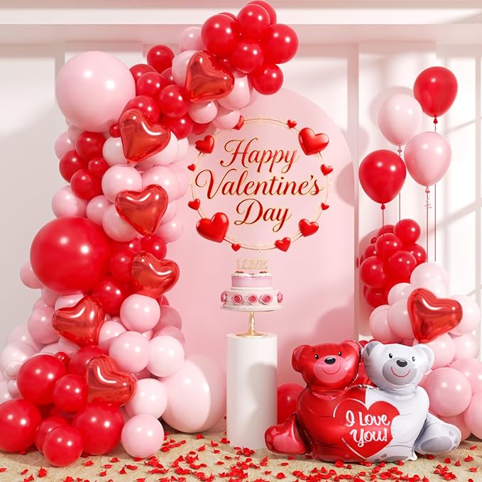 Valentines Day Balloons Garland Arch Kit - Different Size Red Pink and Heart Balloons with Foil Balloons for Valentine's Day Galentine's Day Engagement Anniversary Party Decoration Supplies