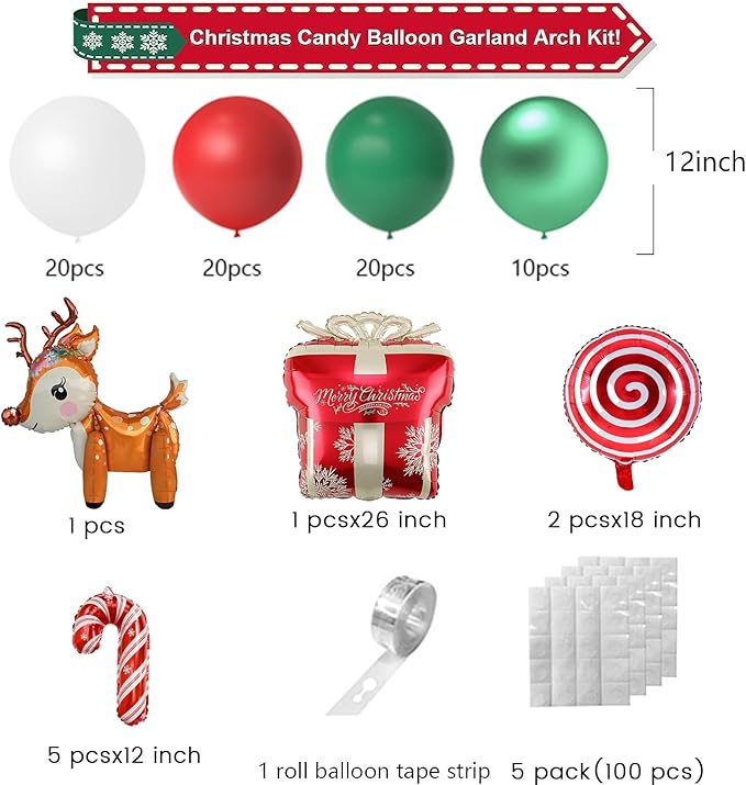 Christmas Balloons Garland Arch Kit, 85 Pcs Red Green White Balloons with Candy Elk Santa Claus Gift Box Mylar Balloons for Candy Theme Baby Shower Birthday Christmas party Decoration