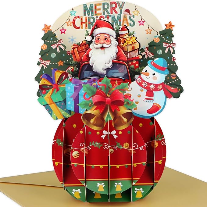 FaCraft Pop Up Christmas Card - with Envelope and Seal, Handmade 3D Merry Christmas Gift for Winter, Holidays, New Year (Santa Driving Truck)