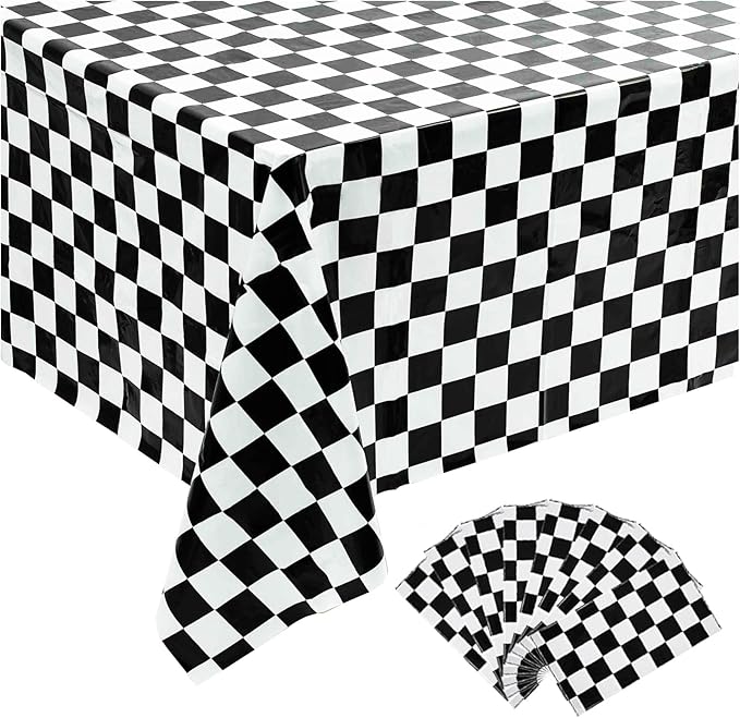 Kesfey 8 Packs Black and White Checkered Tablecovers 54 x 108 Inches Disposable Party Picnic Table Cloth Splashproof Plastic Checkered Tablecovers for Camping Decoration Party Favors