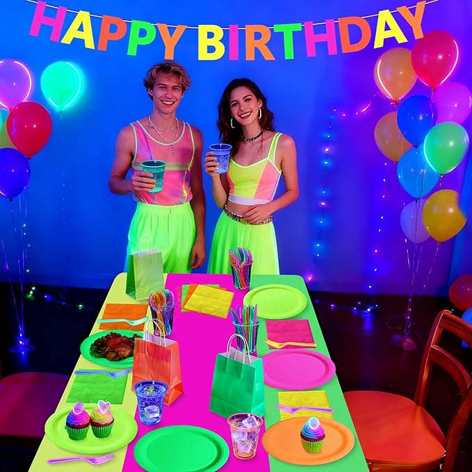 Glow in the Dark Party Supplies, Including Colorful Plates Napkins Tablecloth Happy Birthday Banner with UV Black Light Reactive and Dinnerware for Neon Themed Birthday Party, Serves 20