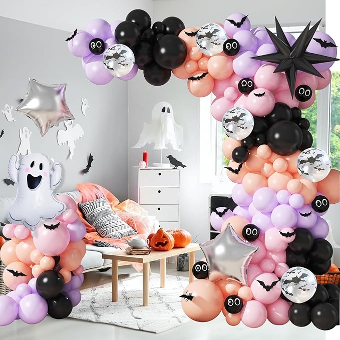 Halloween Balloon Garland Arch Kit, Black Purple Pink Halloween Baby Shower Latex Balloons with 3D Bat Ghost Witch Mylar Foil Balloons Set for Happy Halloween Birthday Decoration Indoor Outdoor